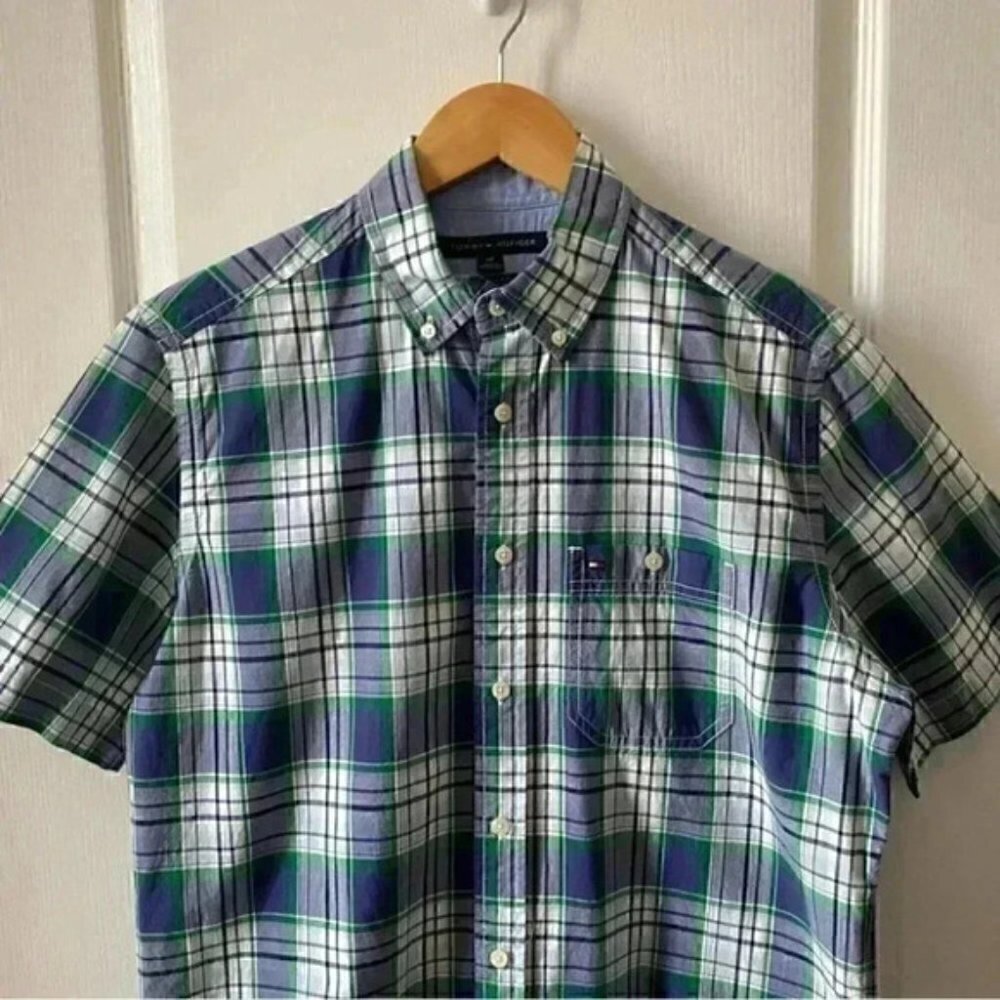Tommy Hilfiger Mens Short Sleeve Button Down Shirt Cotton Blue Green Plaid Small - Picture 5 of 16